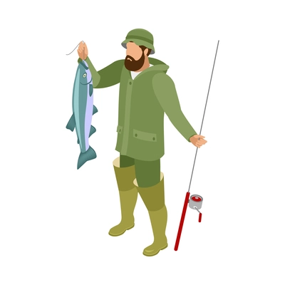 Isometric bearded fisherman character with big fish and spinning 3d vector illustration