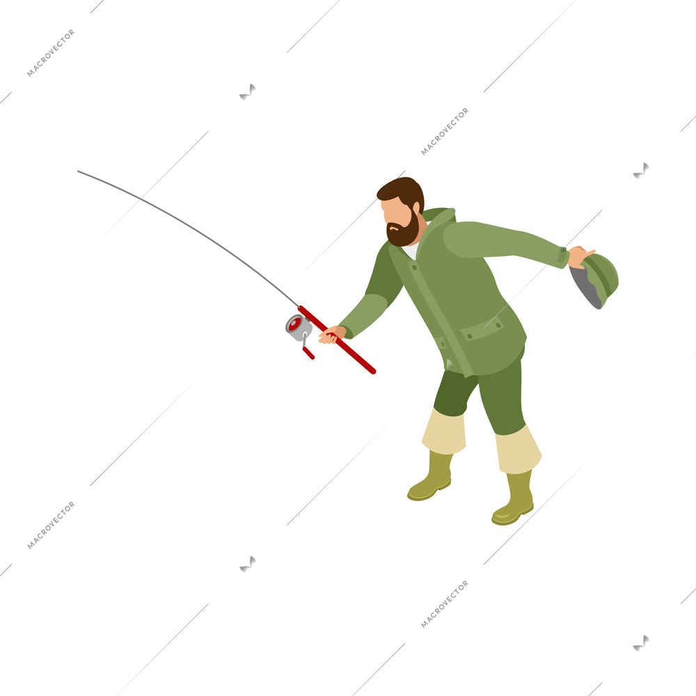 Fisherman catching fish on spinning 3d isometric vector illustration