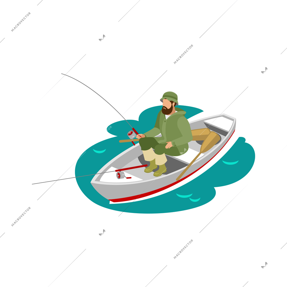 Isometric fisherman during catching fish on spinning rod on boat 3d vector illustration