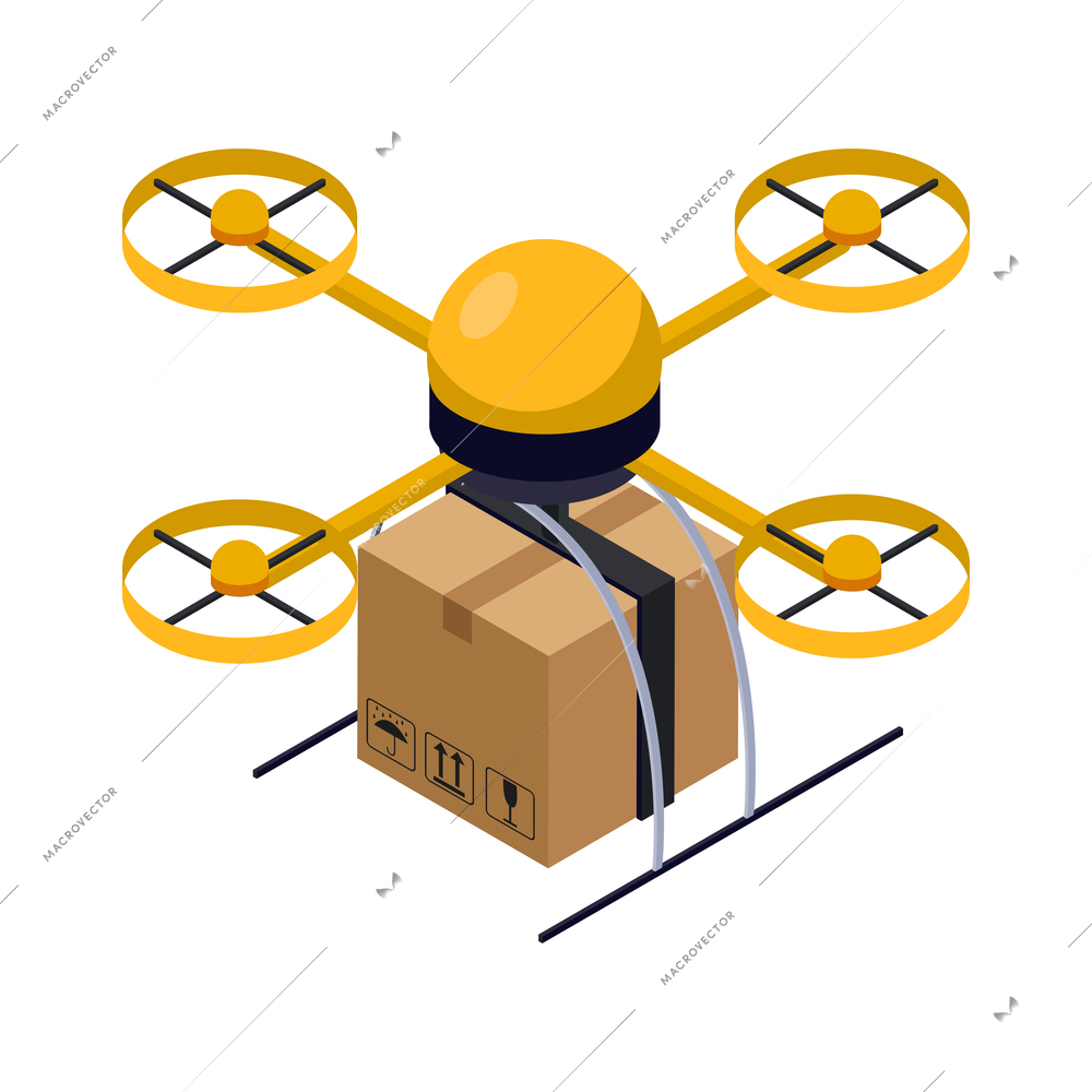 Isometric yellow delivery quadrocopter carrying cardboard box 3d vector illustration