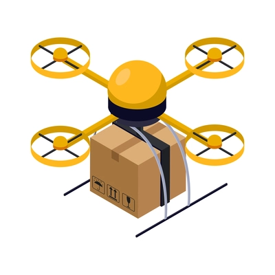 Isometric yellow delivery quadrocopter carrying cardboard box 3d vector illustration