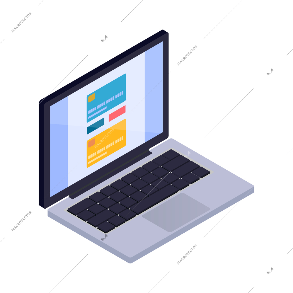 Isometric online shopping conceptual icon with bank cards on laptop screen 3d vector illustration