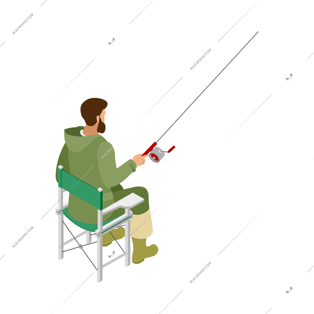 Isometric fisherman with spinning sitting on chair back view 3d vector illustration