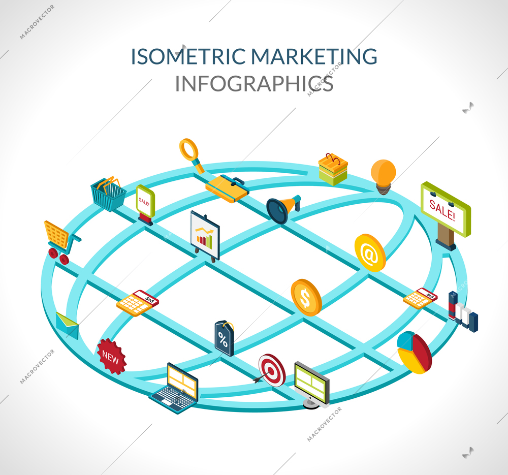 Marketing infographic set with isometric icons on globe vector illustration