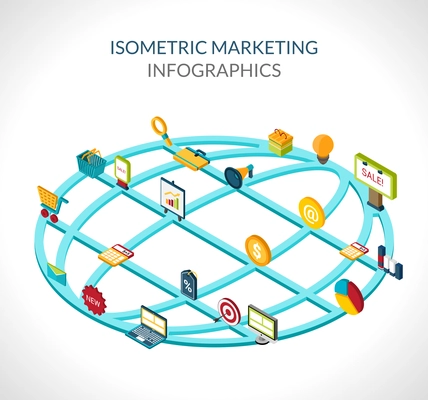 Marketing infographic set with isometric icons on globe vector illustration