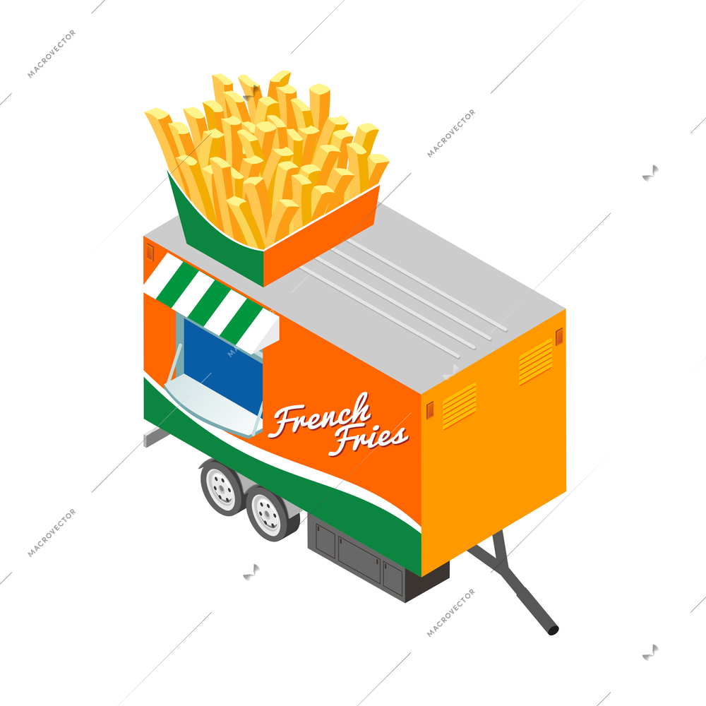Street food isometric icon with french fries fast food van 3d vector illustration