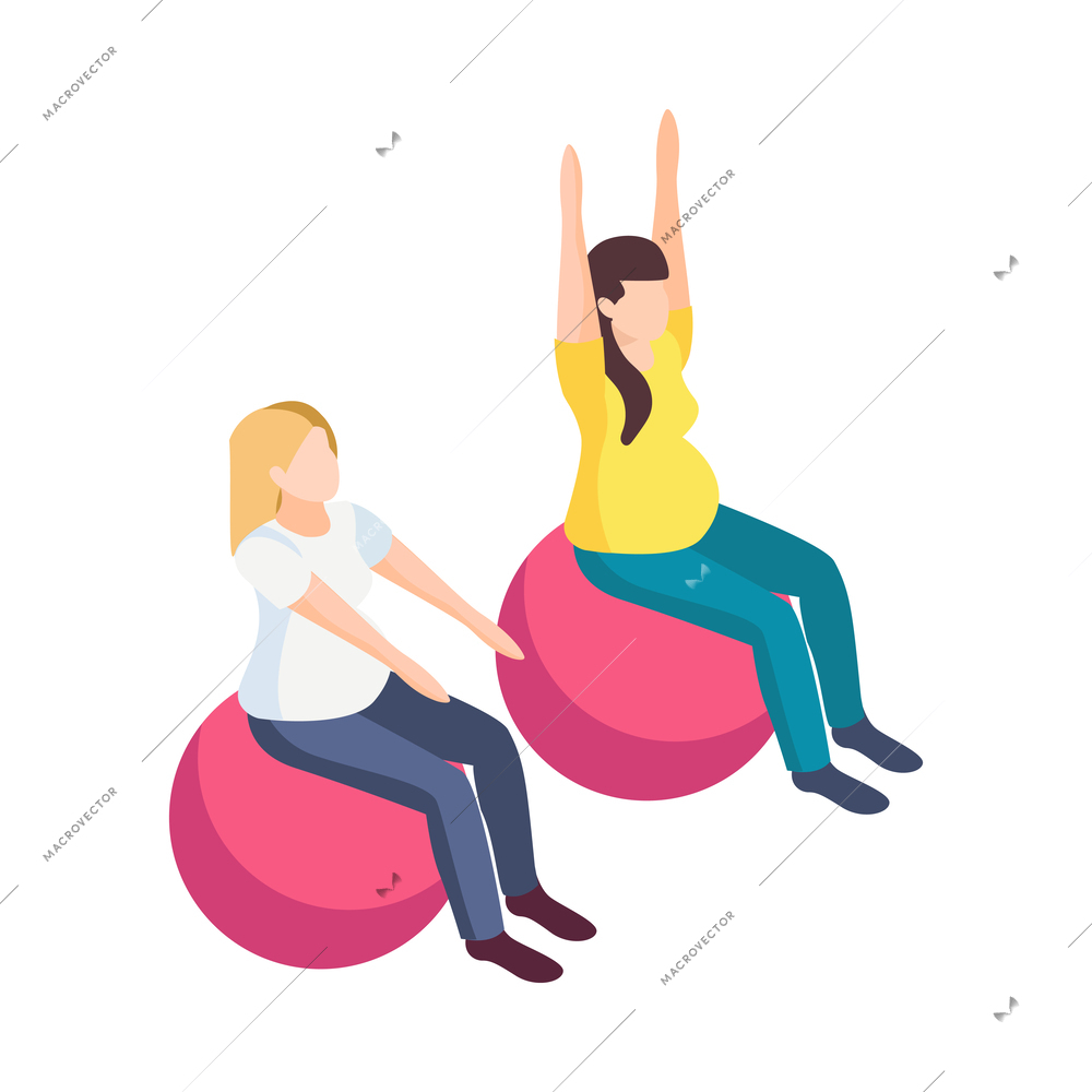 Isometric pregnant woman doing exercises with fitball 3d vector illustration