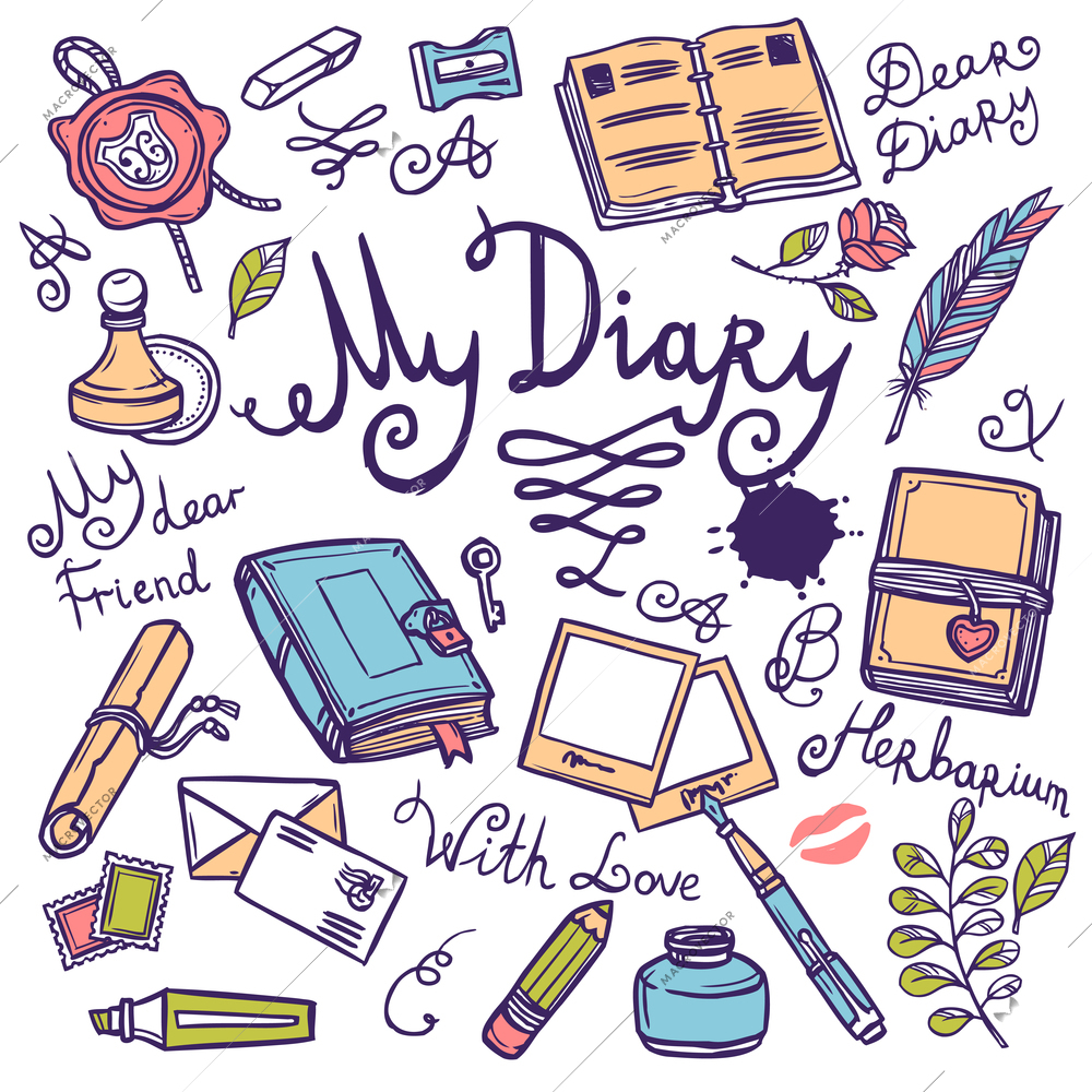 Diary writing instrument hand drawn  scrapbooking set with pen notebook ink vector illustration