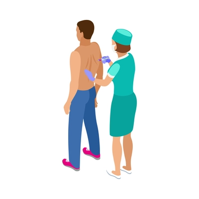 Isometric vaccination icon with female nurse giving male patient injection 3d vector illustration