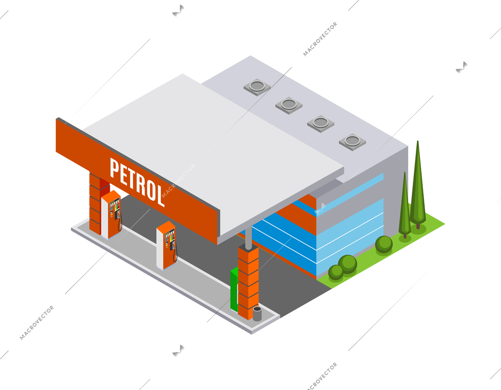 Isometric petrol station building on white background 3d vector illustration