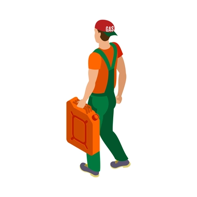 Isometric male gas station worker carrying jerrican 3d vector illustration