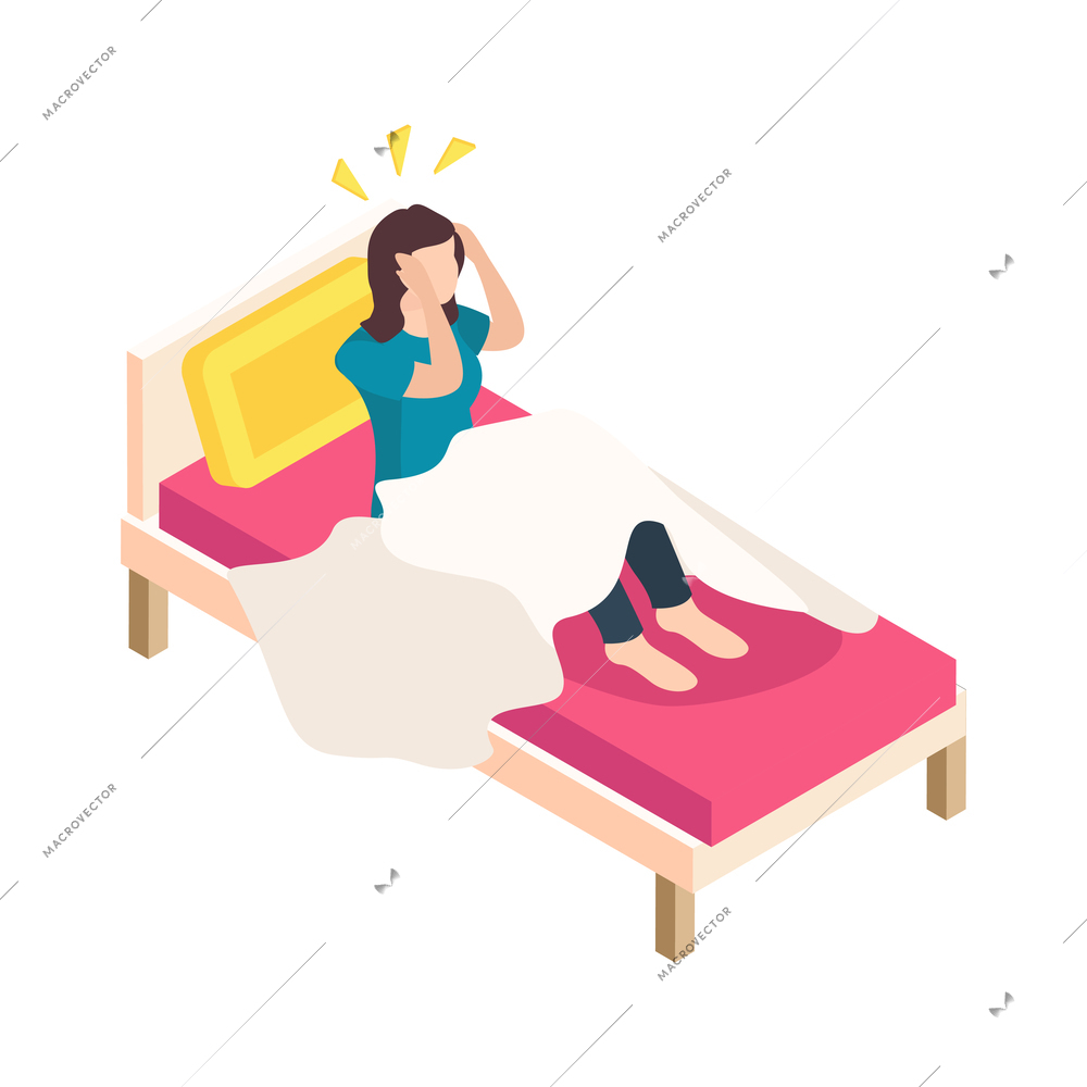 Women health isometric icon with lady suffering from morning migraine 3d vector illustration