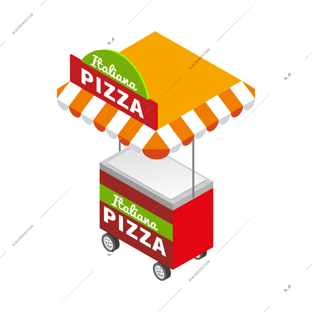 Isometric stree food icon with pizza cart stall 3d vector illustration