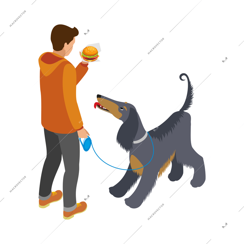Street food isometric icon with man walking with dog and eating burger vector illustration