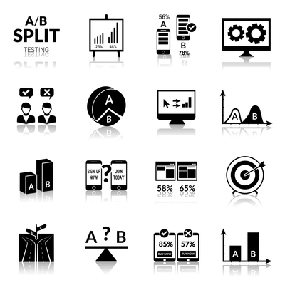 A-b experiment split testing black icons set isolated vector illustration