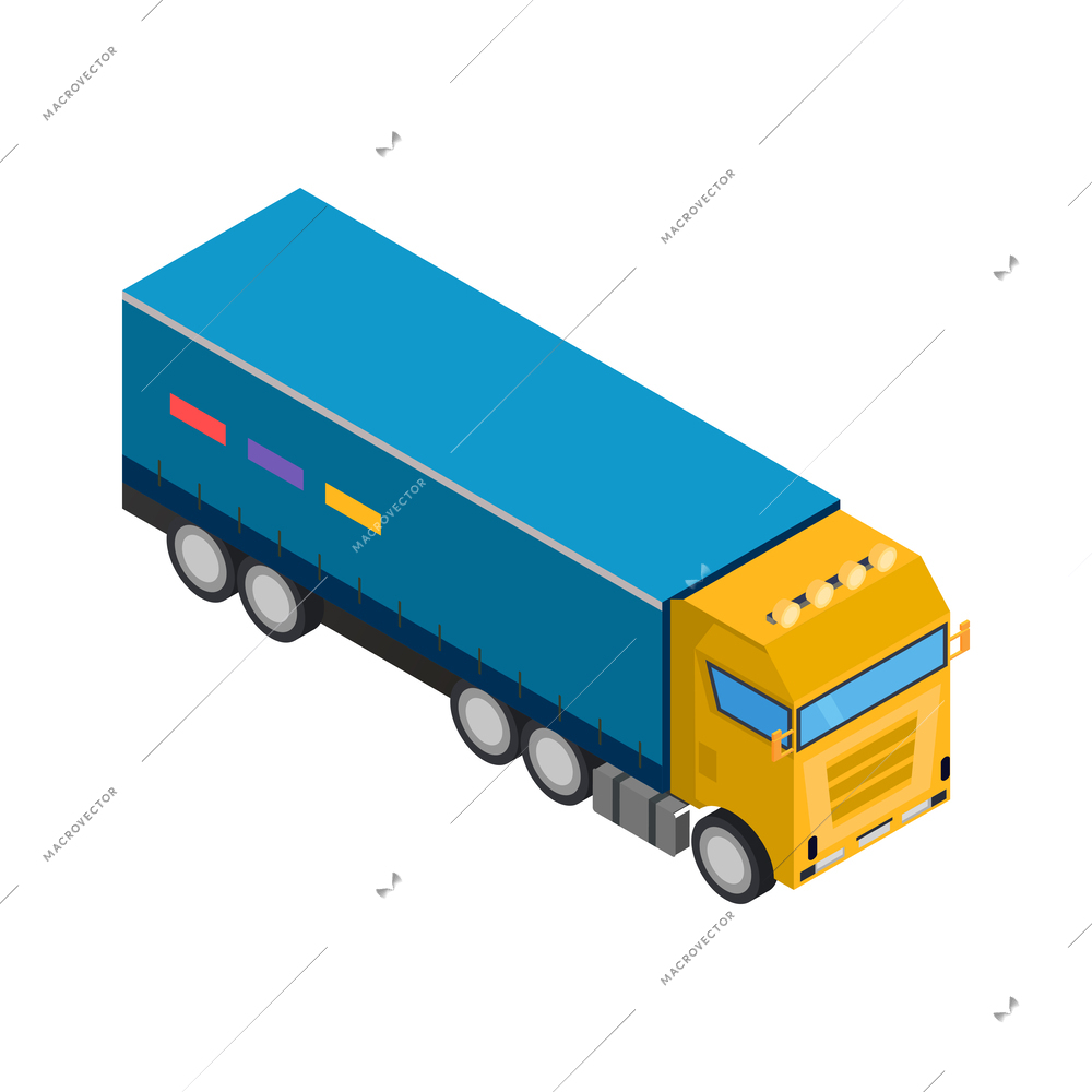 Isometric blue and yellow delivery truck on white background vector illustration