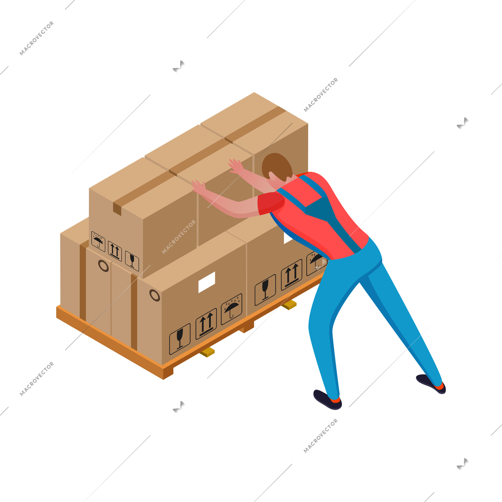 Isometric male warehouse worker putting cardboard boxes on wooden pallet 3d vector illustration