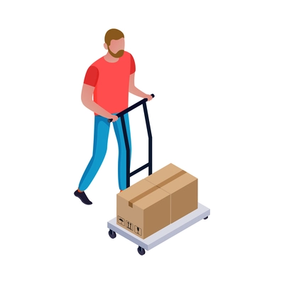 Isometric male warehouse worker carrying cardboard boxes on trolley 3d vector illustration