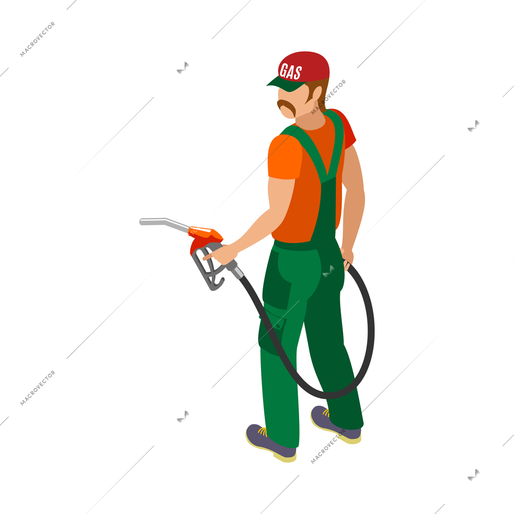 Isometric gas station worker holding refueling gun 3d vector illustration