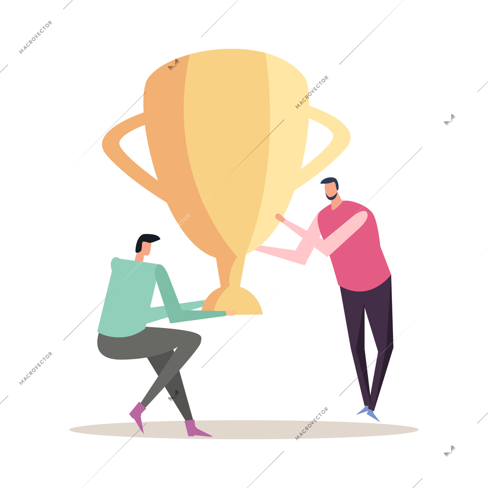 Business success teamwork winners flat concept with two characters holding big golden cup vector illustration