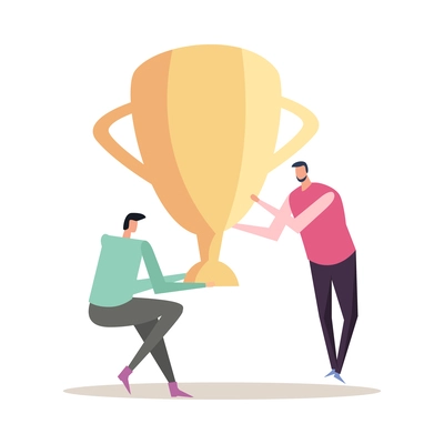 Business success teamwork winners flat concept with two characters holding big golden cup vector illustration