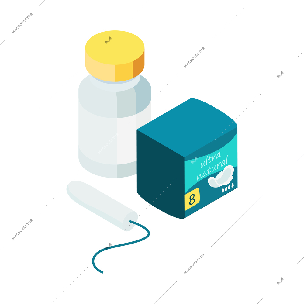 Isometric menstrual tools icon with package of pads tampone and bottle 3d vector illustration