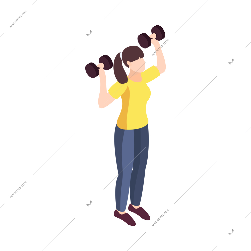 Young woman doing fitness with dumbbells isometric icon 3d vector illustration
