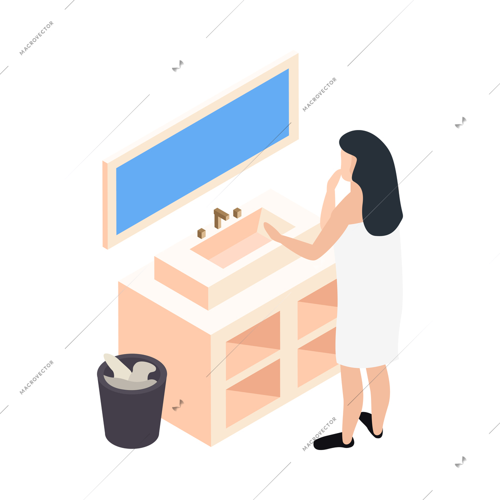 Women health isometric icon with woman looking at herself in mirror in bathroom 3d vector illustration