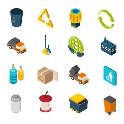 Garbage isometric icons set with trash can recycling symbol and truck isolated vector illustration