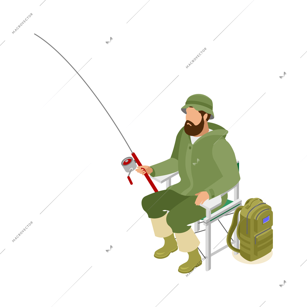 Isometric fisherman with spinning rod and backpack catching fish 3d vector illustration