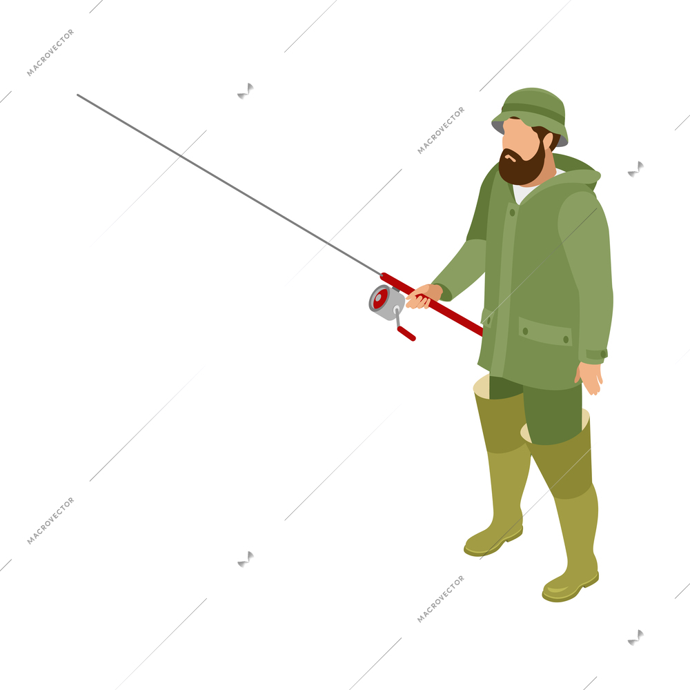 Fisherman with spinning rod on white background 3d isometric vector illustration