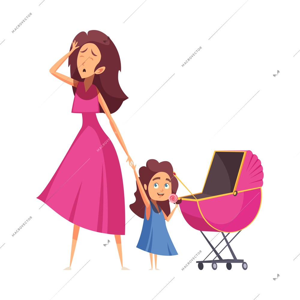 Cartoon tired mum with little daughter vector illustration