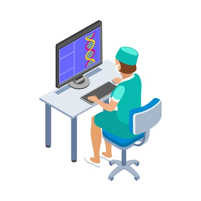 Female virologist researching virus on computer 3d isometric vector illustration