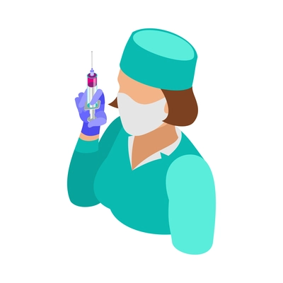 Vaccination isometric icon with female nurse portrait with syringe 3d vector illustration