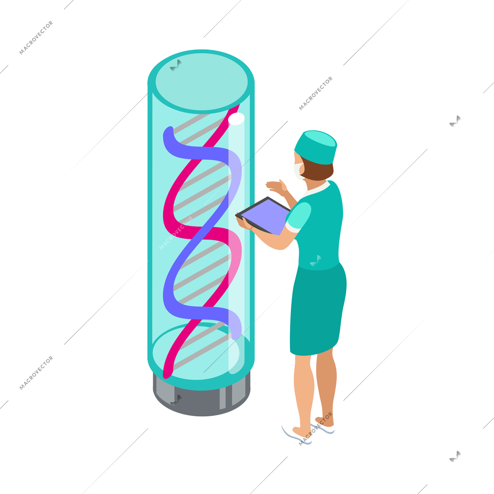 Vaccination isometric icon with female virologist and dna 3d vector illustration