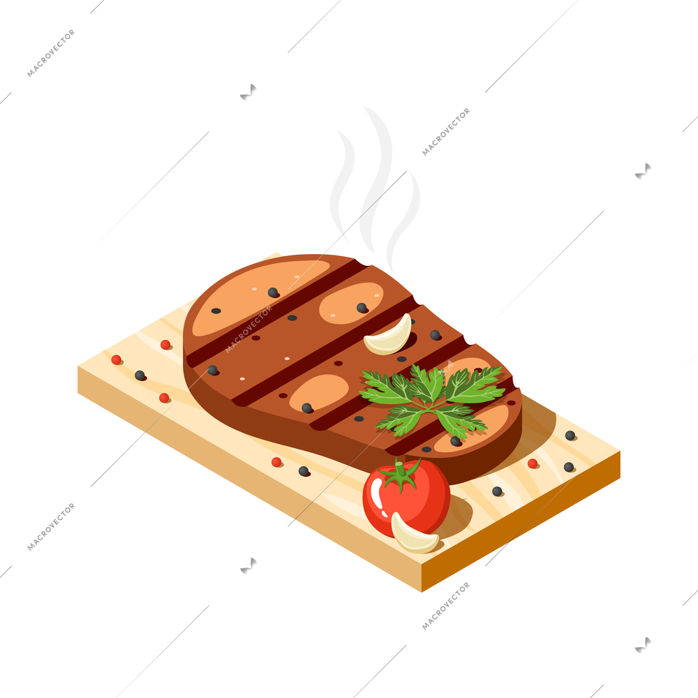 Hot beef steak served on wooden tray with tomato parsley and garlic isometric icon vector illustration