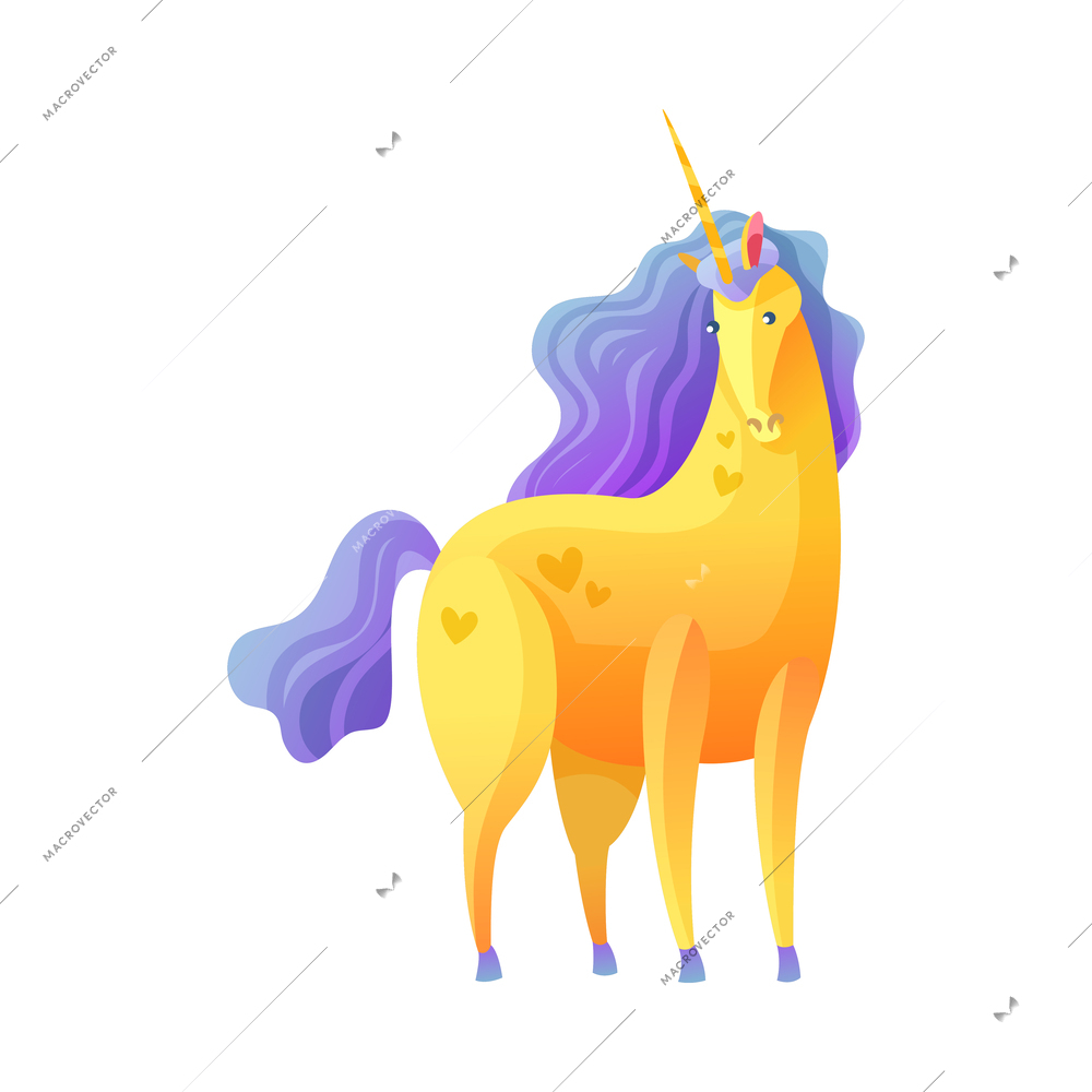 Cartoon magical unicorn with violet mane and tail vector illustration