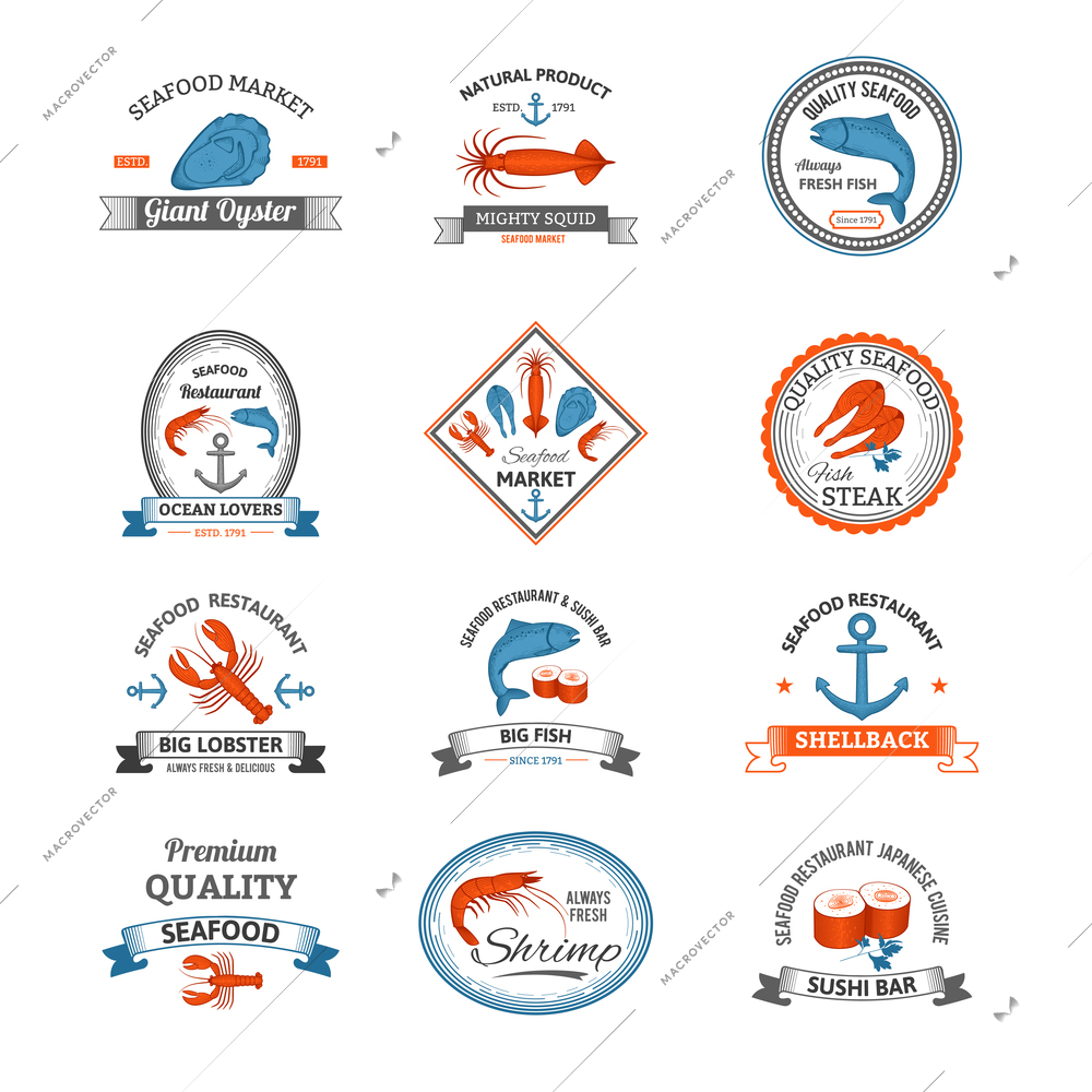 Vintage seafood traditional products restaurant emblems colored set isolated vector illustration