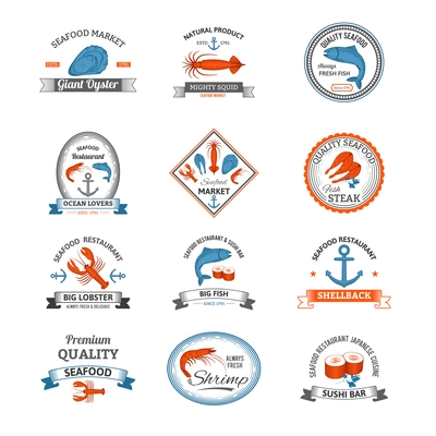 Vintage seafood traditional products restaurant emblems colored set isolated vector illustration