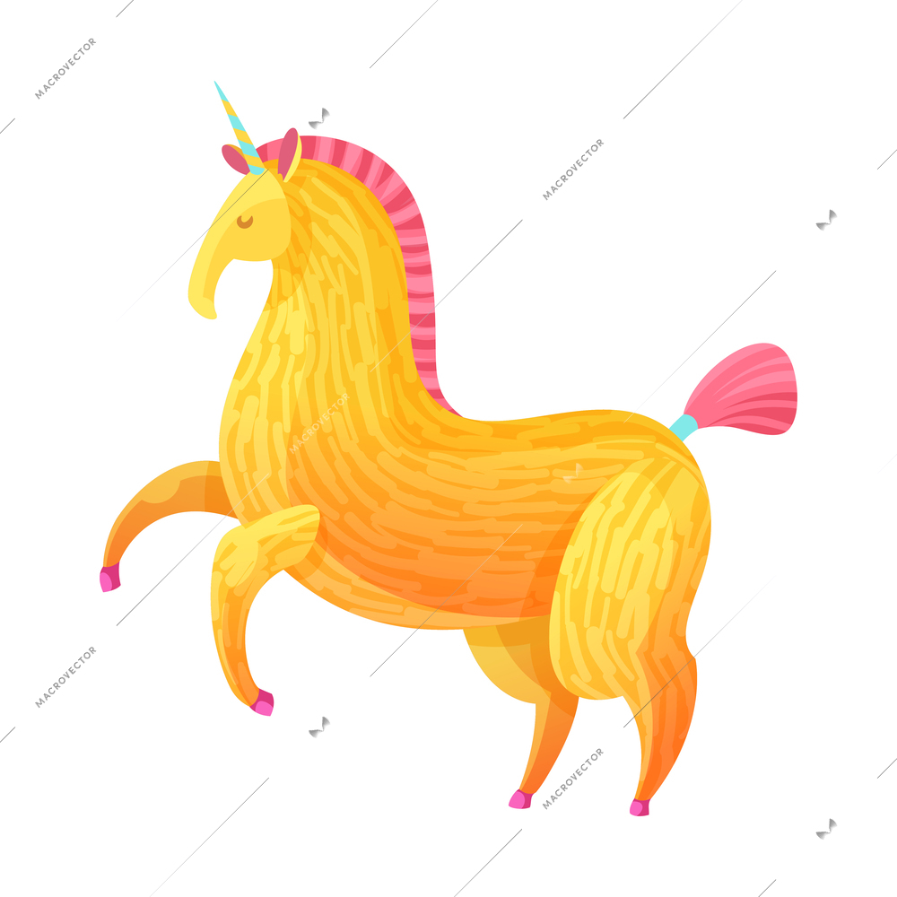 Magical yellow unicorn with pink hair cartoon vector illustration