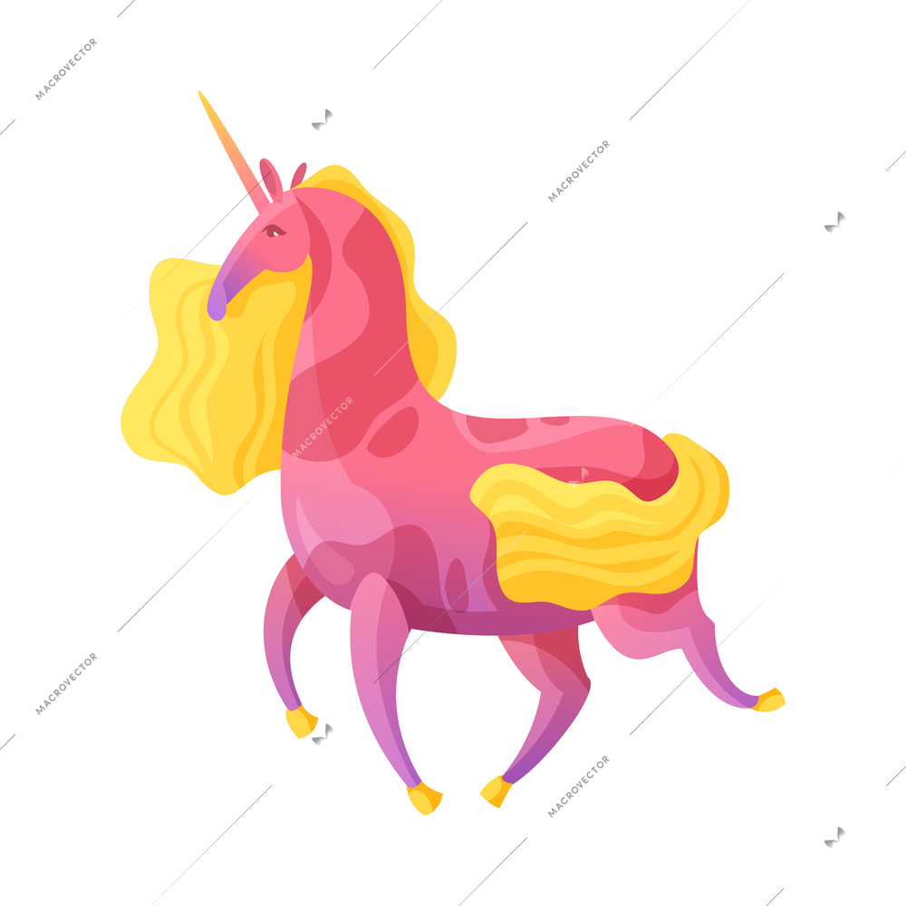 Cartoon fairy tale pink unicorn with yellow mane and tail on white background vector illustration
