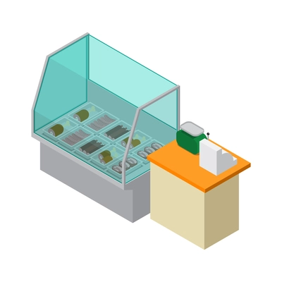 Butchery shop interior icon with cashdesk and various meat products on display 3d isometric vector illustration