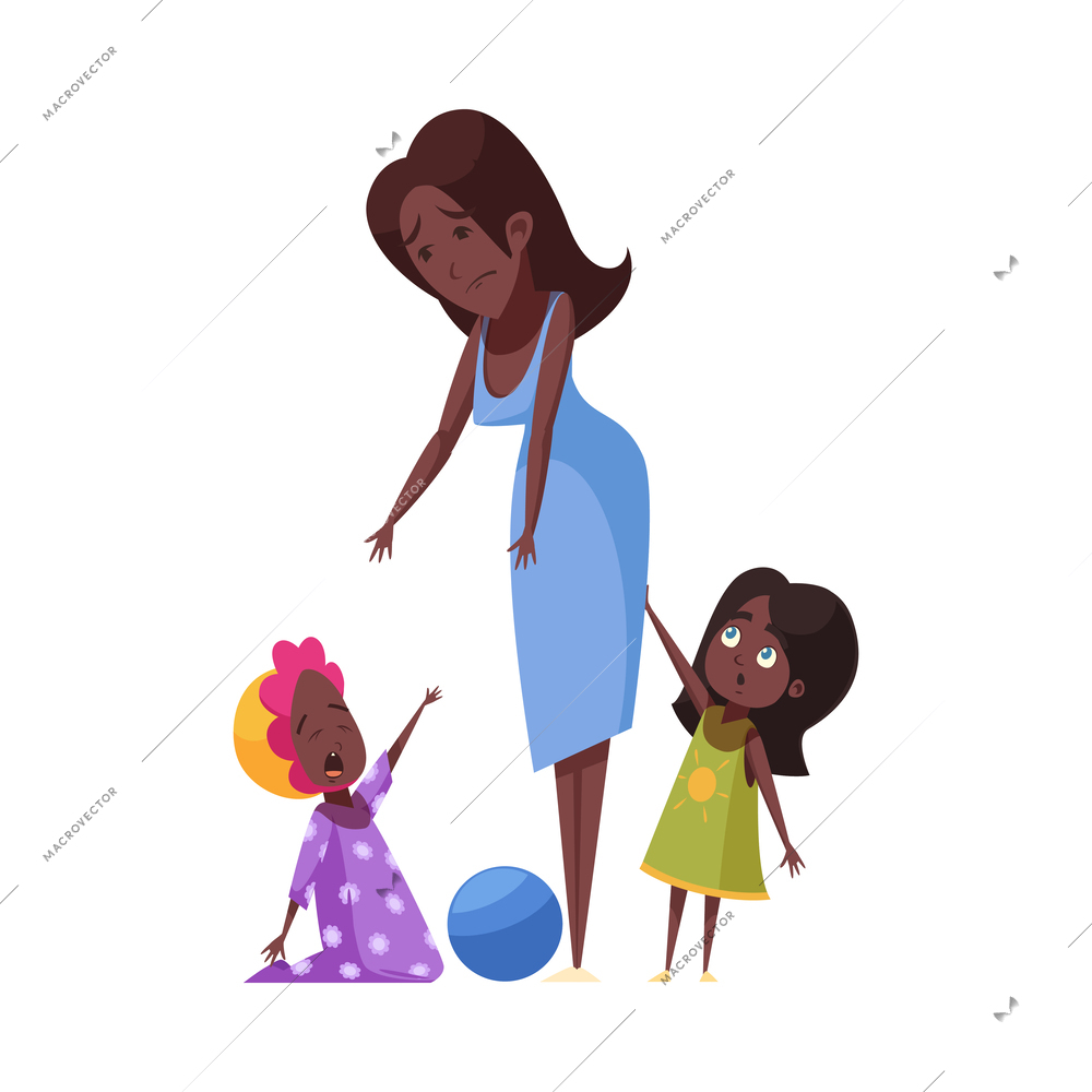 Cartoon tired mum with crying baby and little daughter vector illustration