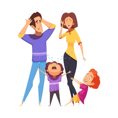 Cartoon tired parents and two little crying naughty children vector illustration