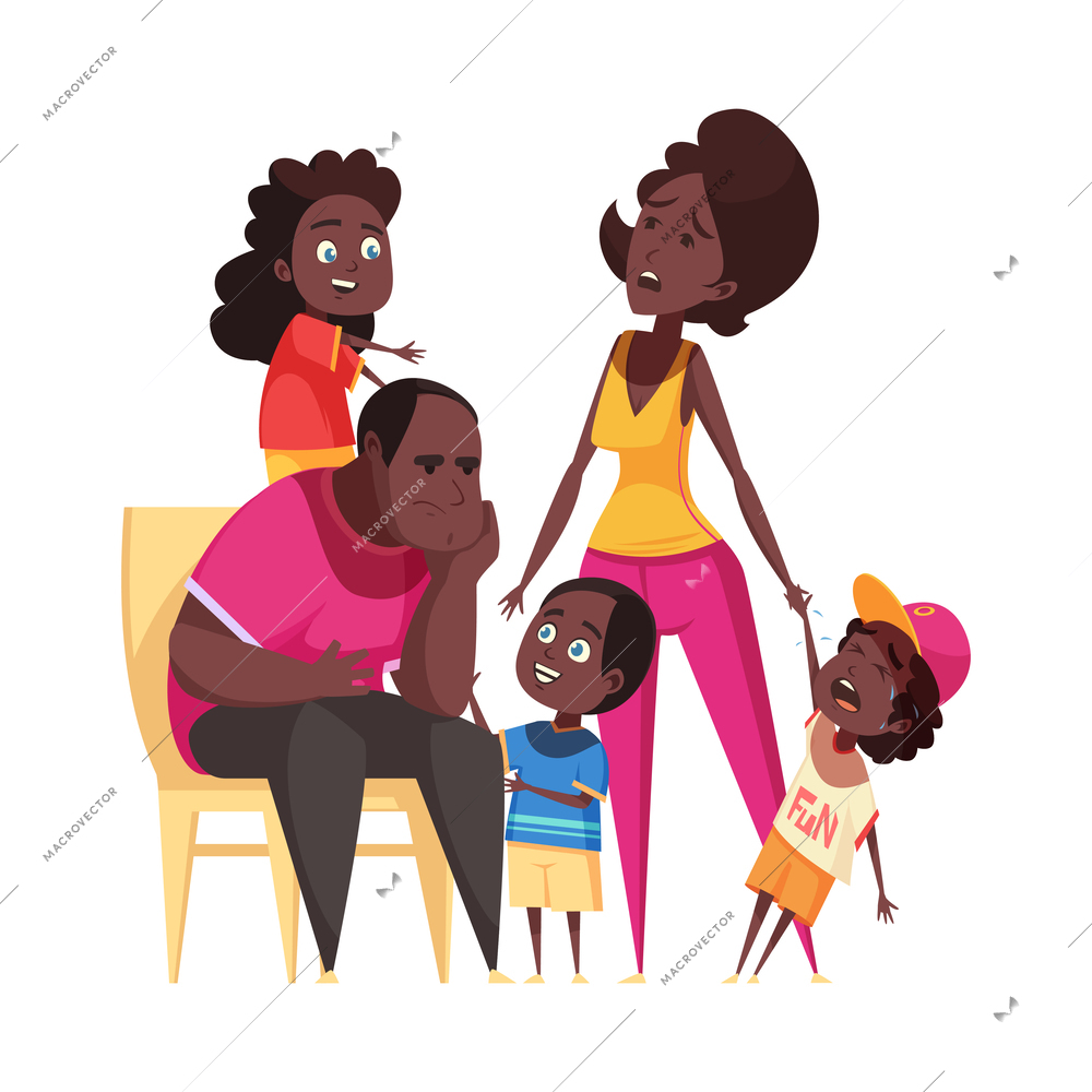 Tired mum and dad with three crying naughty kids cartoon vector illustration