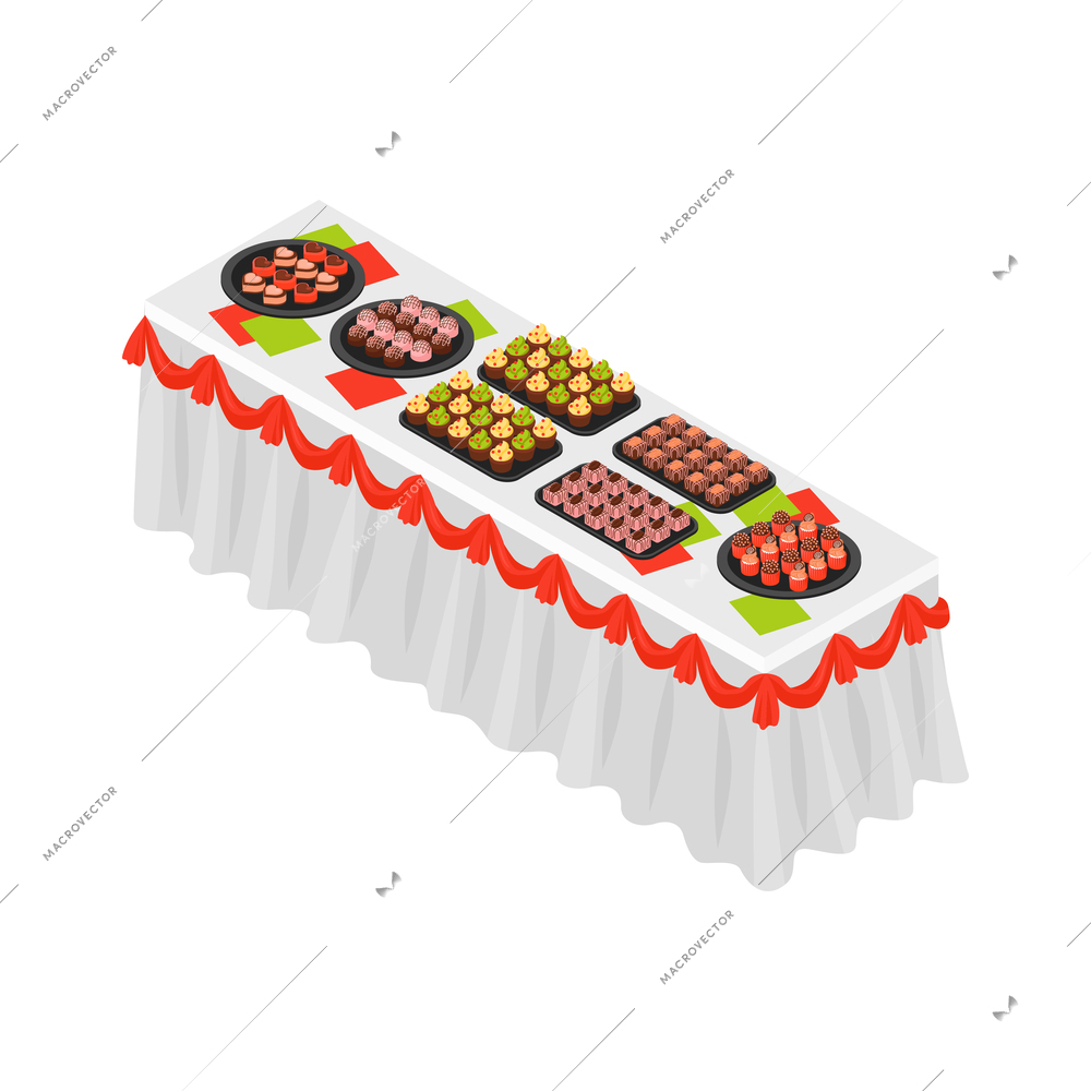 Isometric banquet reception dinner party table with desserts 3d vector illustration