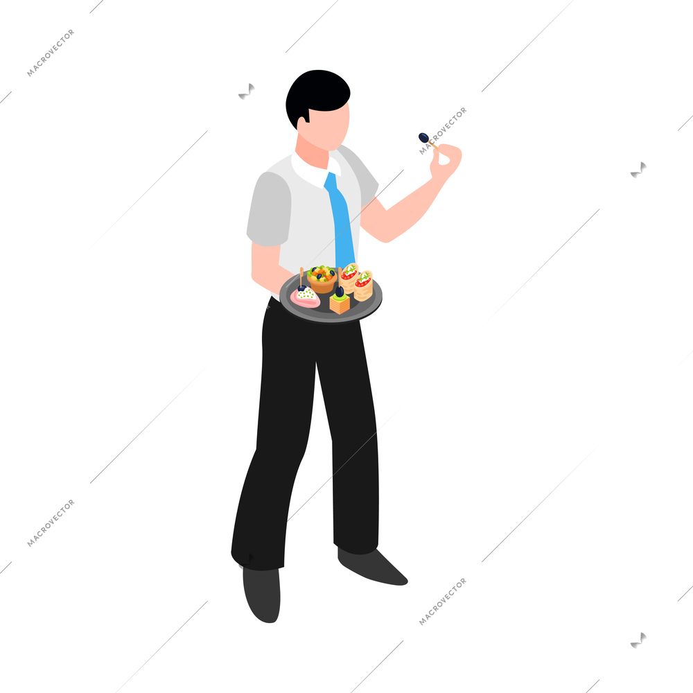 Isometric male banquet party dinner guest tasting refreshments 3d vector illustration