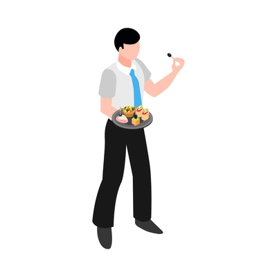 Isometric male banquet party dinner guest tasting refreshments 3d vector illustration