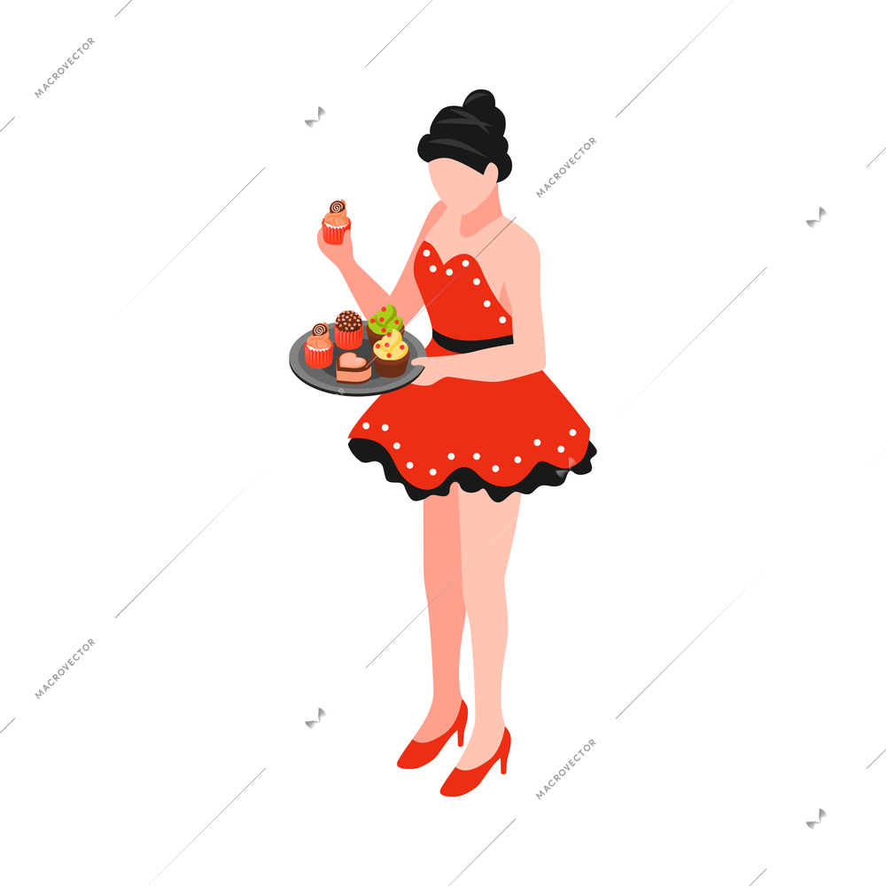 Isometric female guest in red dress tasting desserts at banquet 3d vector illustration
