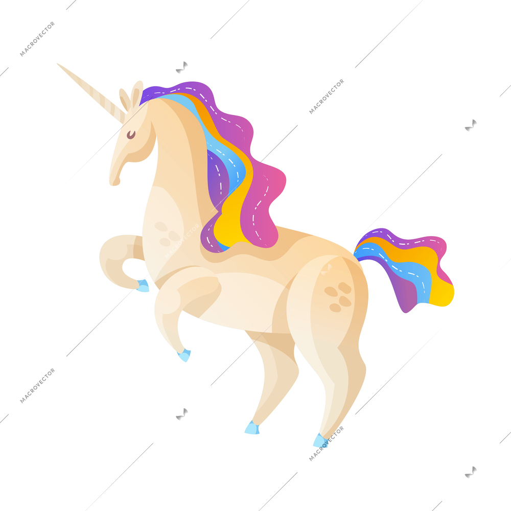 Fantasy unicorn with colorful mane and tail on white background cartoon vector illustration